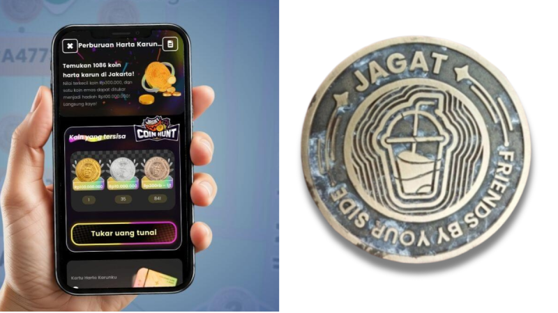 Warga dari berbagai usia sibuk berburu Koin Jagat di SCBD, Jakarta Selatan, menggunakan aplikasi untuk membantu mereka menemukan koin yang tersembunyi di berbagai lokasi