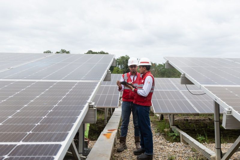 Dalam gambar ini, terlihat para teknisi yang sedang memeriksa panel surya di salah satu lokasi pembangkit energi terbarukan di Sumatera. Dengan potensi yang signifikan, Sumatera berperan penting dalam pengembangan energi bersih di Indonesia.